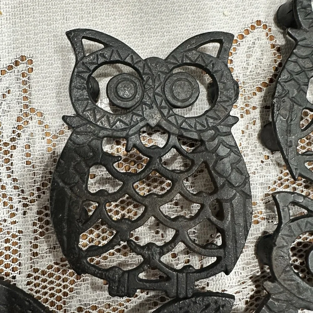 Vintage 1970s Cast Iron Owl Trivets Set Of 5 With Box‎ Made In The USA Kitchen